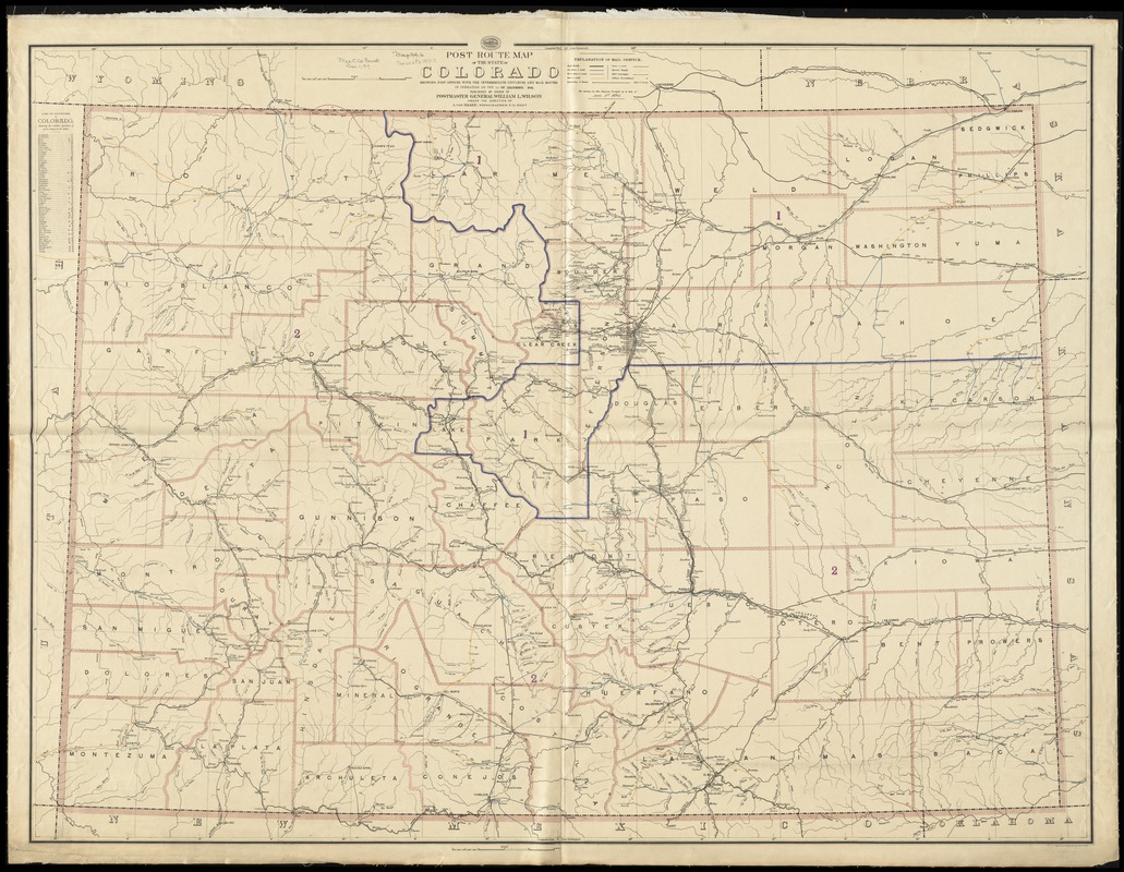 Post route map of the State of Colorado showing post offices with the intermediate distances and mail routes in operation on the 1st of December 1895