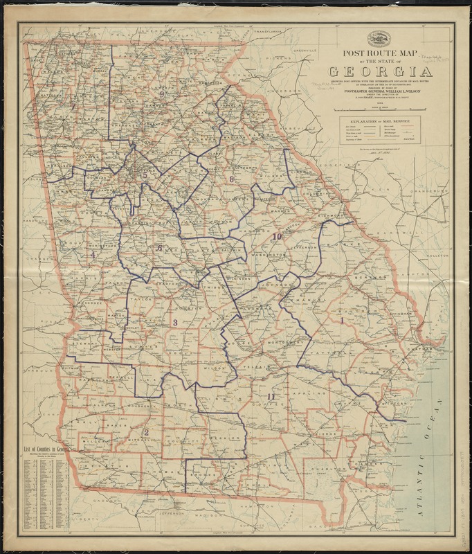 Post route map of the State of Georgia showing post offices with the intermediate distances and mail routes in operation on the 1st of December, 1895