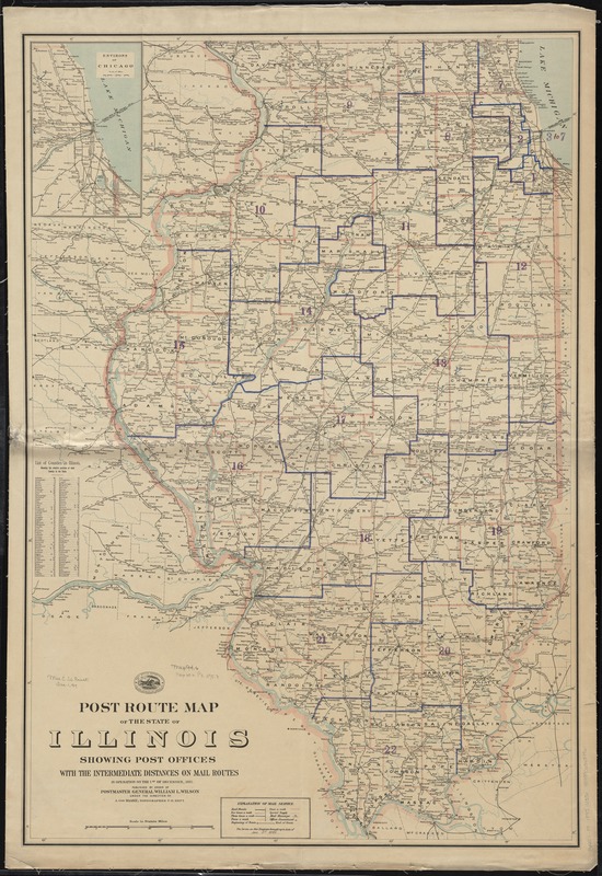 Post route map of the state of Illinois showing post offices with the intermediate distances on mail routes in operation on the 1st of December, 1895