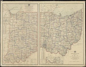 Post route map of the State of Ohio showing post offices with the intermediate distances and mail routes in operation on the 1st of December, 1895 ; Post route map of the State of Indiana showing post offices with the intermediate distances and mail routes in operation on the 1st of December, 1895