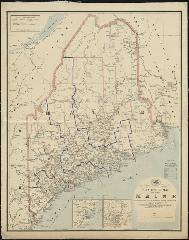 Post route map of the State of Maine showing post offices with the intermediate distances and mail routes in operation on the 1st December 1895