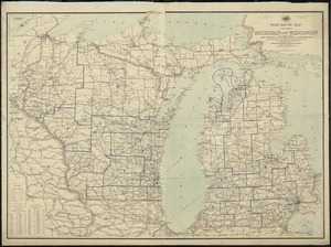 Post route map of the states of Michigan and Wisconsin with adjacent parts of Ohio, Indiana, Illinois, Iowa and Minnesota showing post offices with the intermediate distances and mail routes in operation on the 1st of December, 1895