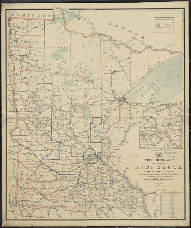 Post route map of the State of Minnesota showing post offices with the intermediate distances and mail routes in operation on the 1st. of December 1895