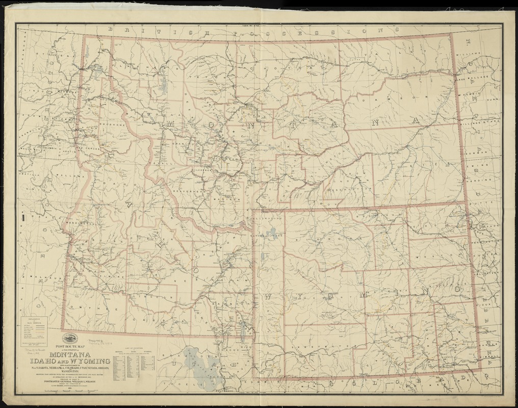 Post route map of the states of Montana, Idaho and Wyoming with adjacent parts of N. & S. Dakota, Nebraska, Colorado, Utah, Nevada, Oregon, and Washington showing post offices with intermediate distances and mail routes in operation on the 1st of December 1895