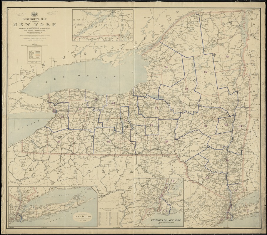 Post route map of the State of New York and parts of Vermont, Massachusetts, Connecticut, New Jersey, and Pennsylvania also the adjacent portions of the Dominion of Canada, showing post offices with the intermediate distances and mail routes in operation on the 1st of December 1895