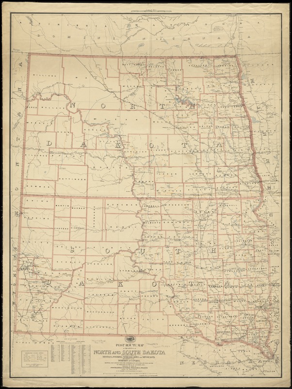 Post route map of the states of North and South Dakota with adjacent parts of Montana, Wyoming, Nebraska, Iowa and Minnesota and portions of the Dominion of Canada