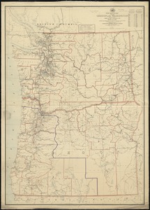 Post route map of the states of Oregon and Washington with adjacent states of Idaho, Nevada, California and British Columbia