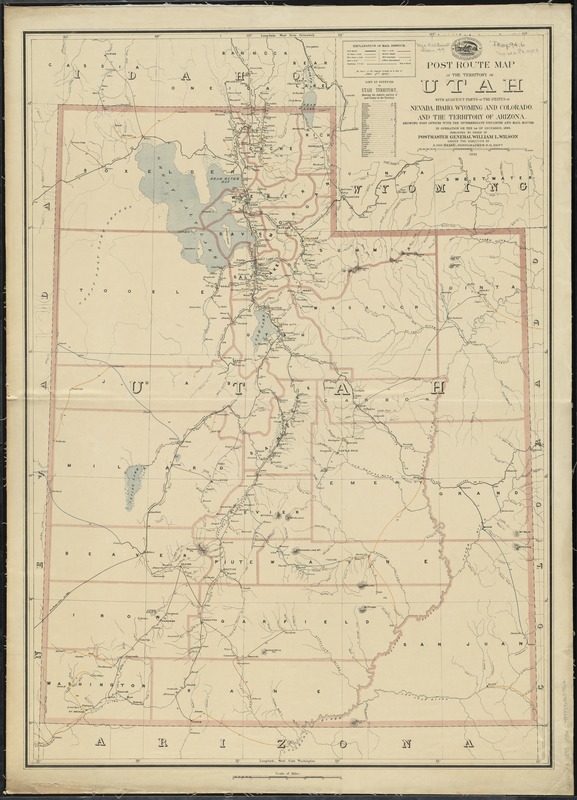 Post route map of the territory of Utah with adjacent parts of the states of Nevada, Idaho, Wyoming and Colorado and the territory of Arizona