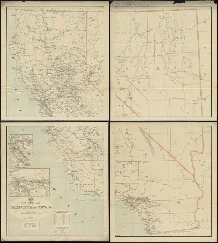 Post route map of the states of California and Nevada showing post offices with the intermediate distances on mail routes in operation on the 1st of December, 1897