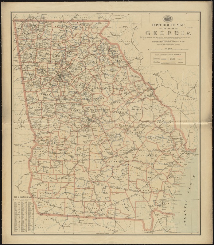 Post route map of the state of Georgia showing post offices with the intermediate distances on mail routes in operation on the 1st of December, 1897
