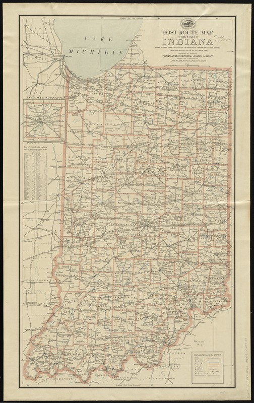 Post route map of the state of Indiana showing post offices with the intermediate distances on mail routes in operation on the 1st of December, 1897