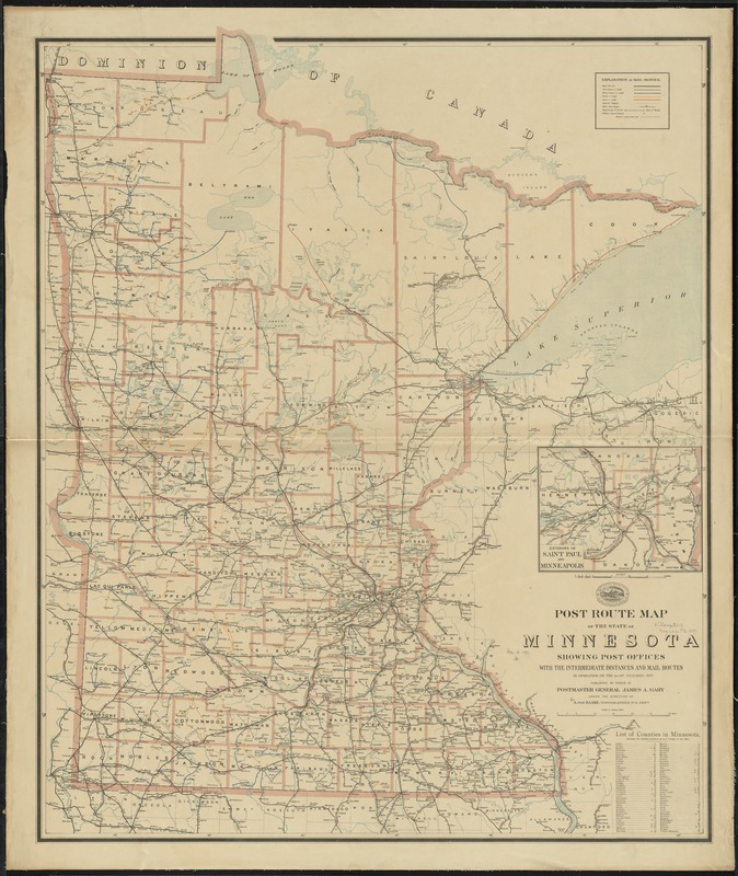 Post route map of the state of Minnesota showing post offices with the intermediate distances and mail routes in operation on the 1st. of December, 1897