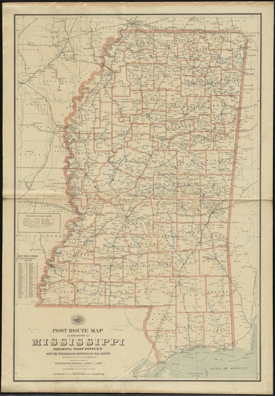 Post route map of the state of Mississippi showing post offices with the intermediate distances on mail routes in operation on the 1st. of December, 1897
