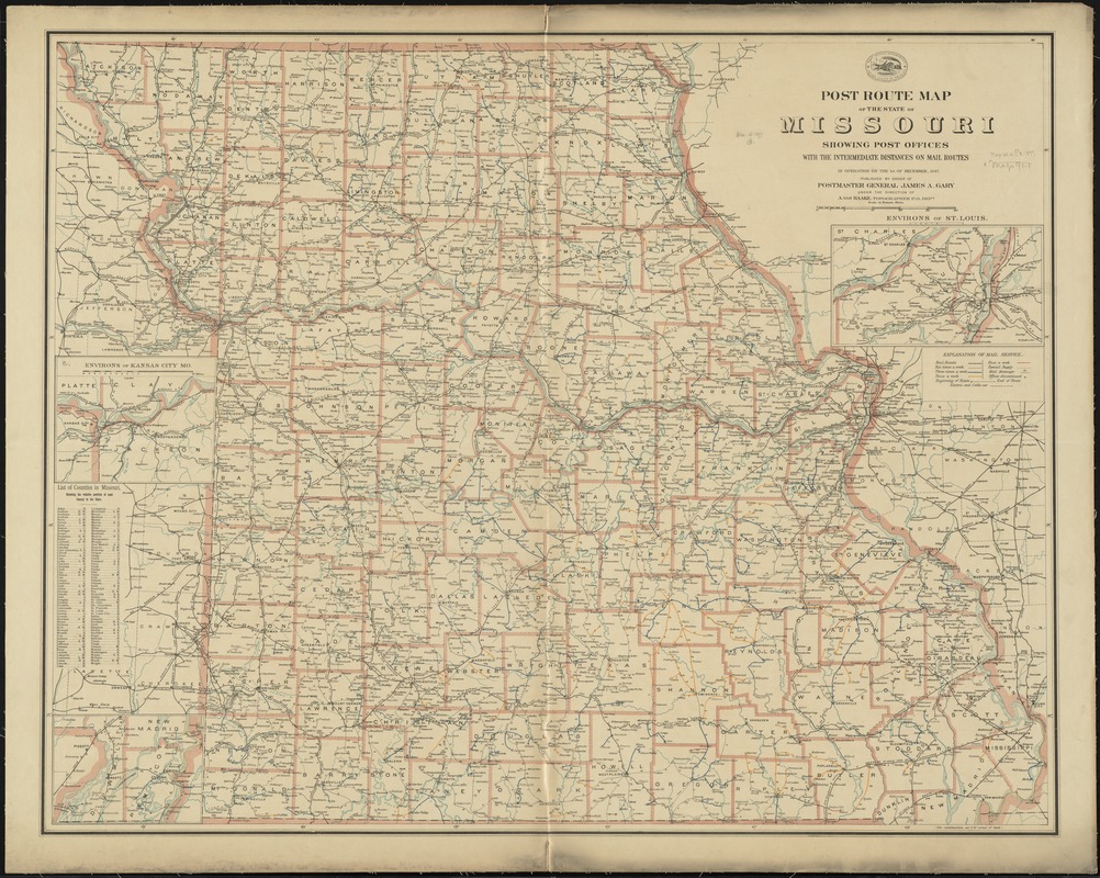Post route map of the state of Missouri showing post offices with the intermediate distances on mail routes in operation on the 1st. of December, 1897