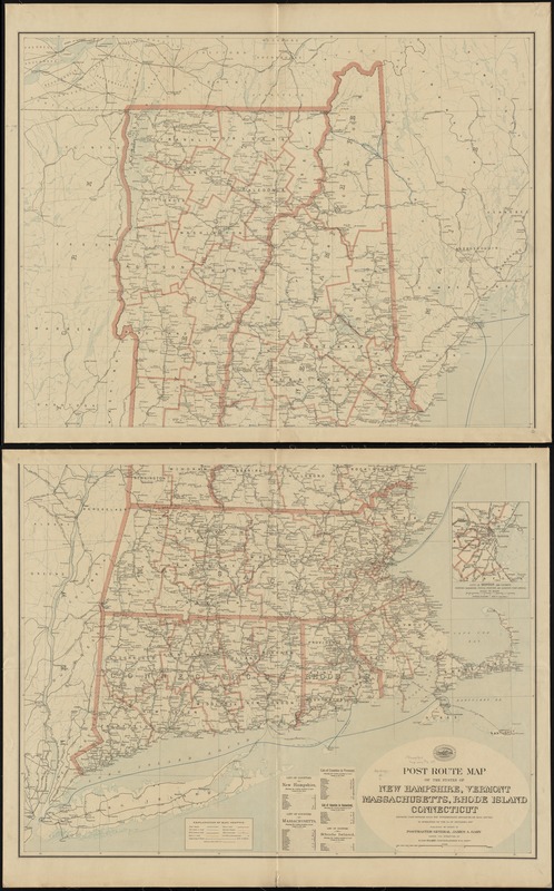 Post route map of the states of New Hampshire, Vermont, Massachusetts, Rhode Island, Connecticut showing post offices with the intermediate distances on mail routes in operation on the 1st. of December, 1897