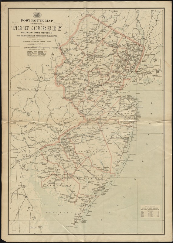 Post route map of the state of New Jersey showing post offices with the intermediate distances on mail routes in operation on the 1st. of December, 1897