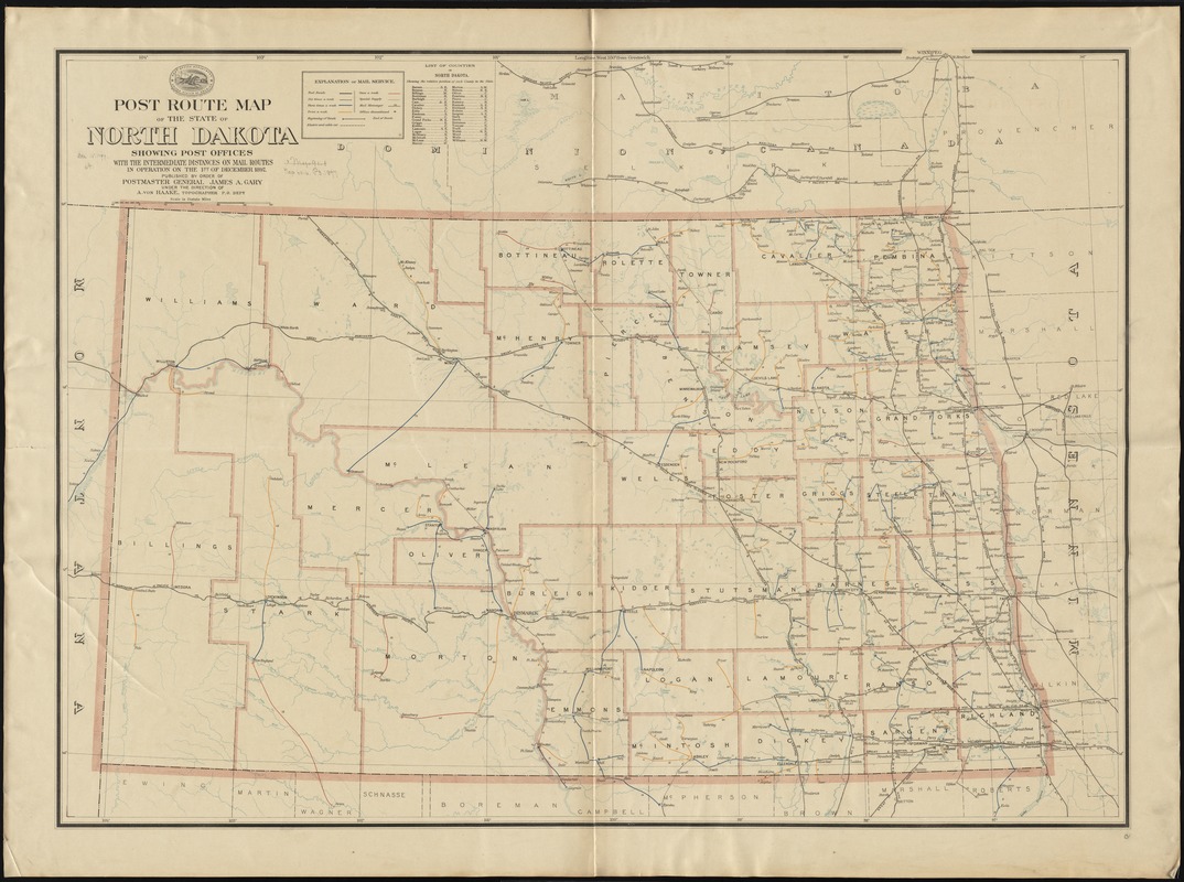 Post route map of the state of North Dakota showing post offices with the intermediate distances on mail routes in operation on the 1st of December, 1897
