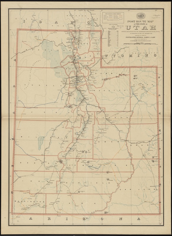 Post route map of the state of Utah showing post offices with the intermediate distances on mail routes in operation on the 1st. of December, 1897