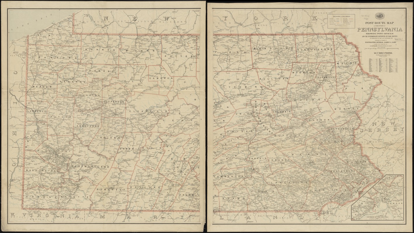 Post route map of the state of Pennsylvania showing post offices and the intermediate distances on mail routes in operation on the 1st. of September, 1897