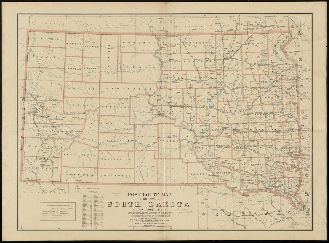 Post route map of the state of South Dakota showing post offices with the intermediate distances on mail routes in operation on the 1st of December, 1897