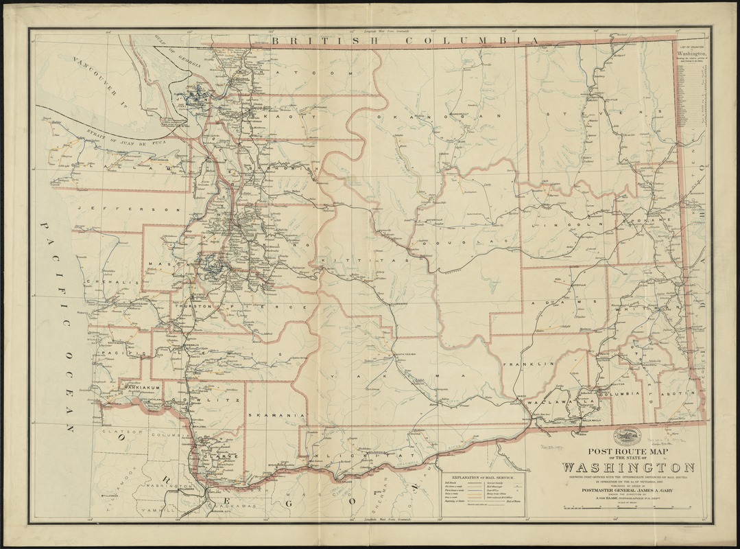 Post route map of the state of Washington showing post offices with the intermediate distances on mail routes in operation on the 1st. of September, 1897