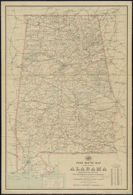 Post route map of the state of Alabama showing post offices with the intermediate distances on mail routes in operation on the 1st of December, 1903