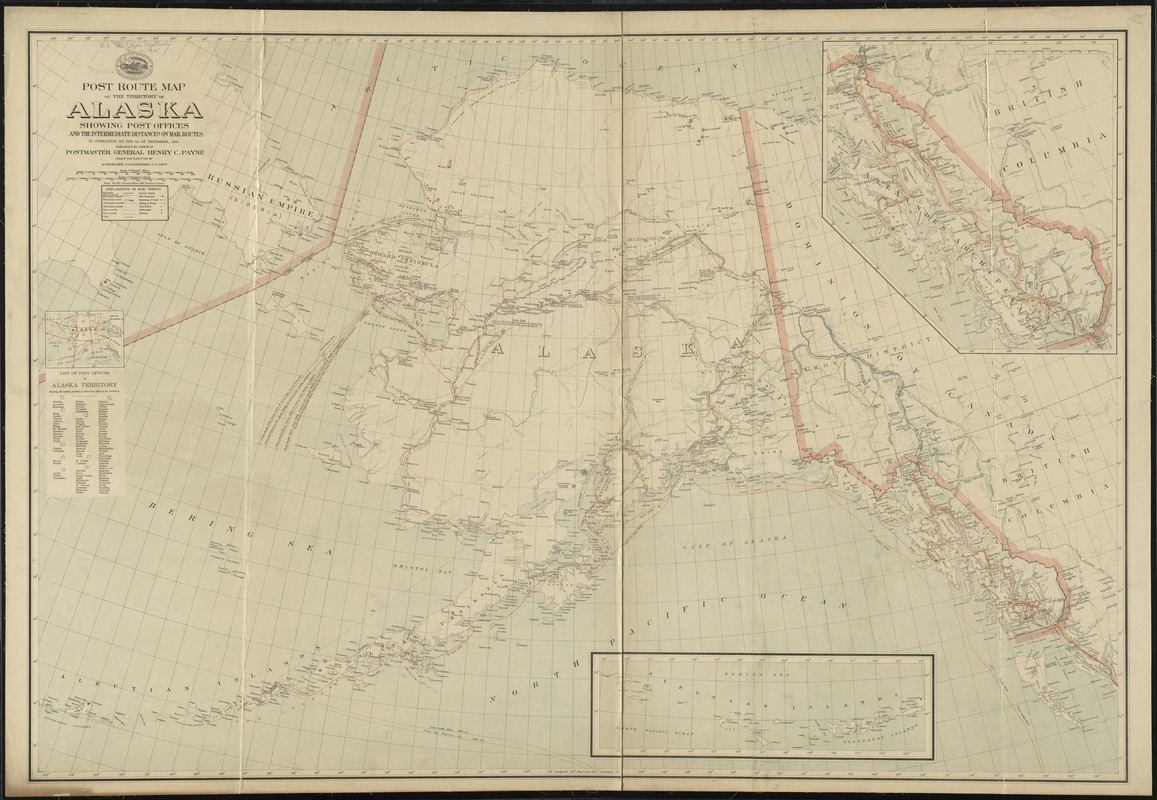 Post route map of the territory of Alaska showing post offices and the intermediate distances on mail routes in operation on the 1st of December, 1903