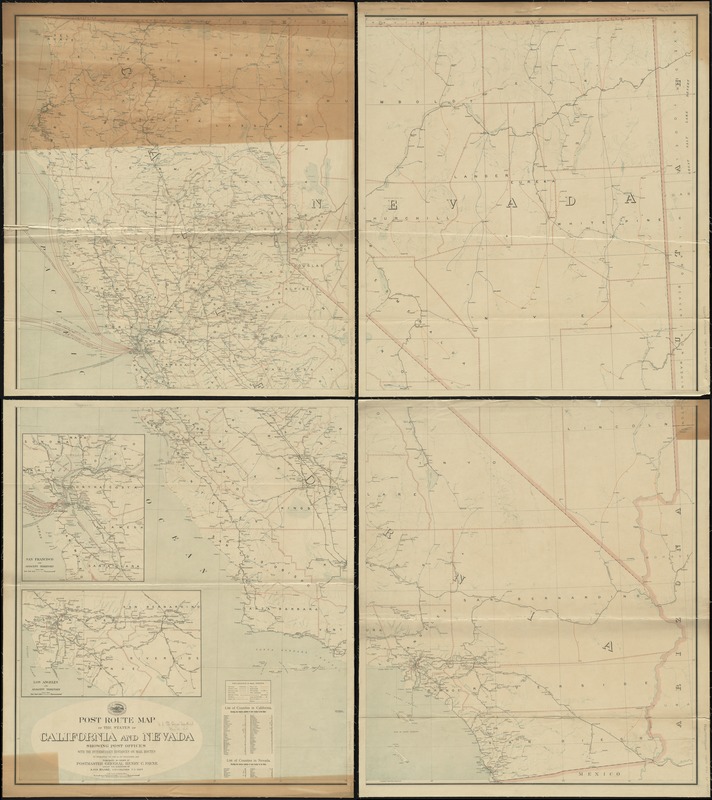 Post route map of the states of California and Nevada showing post offices with the intermediate distances on mail routes in operation on the 1st of December, 1903