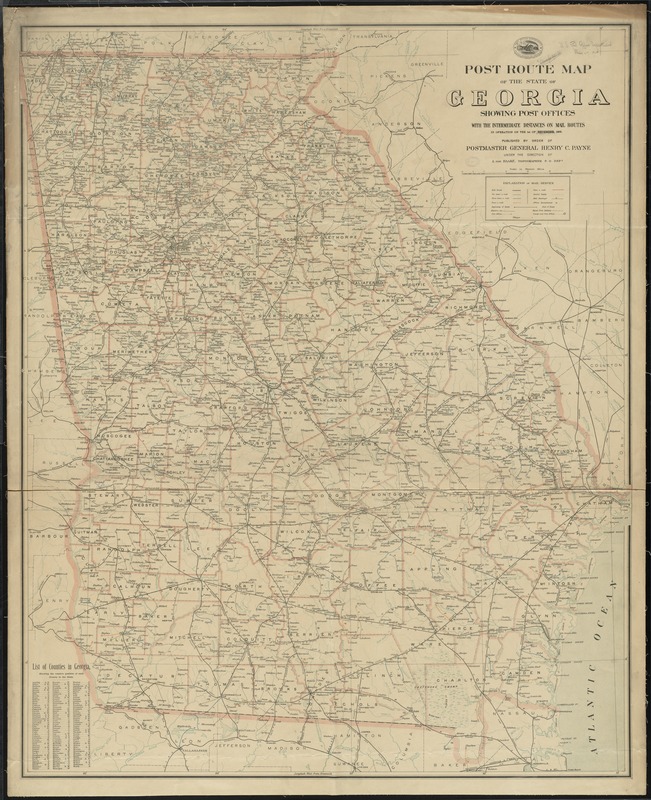 Post route map of the state of Georgia showing post offices with the intermediate distances on mail routes in operation on the 1st of December, 1903