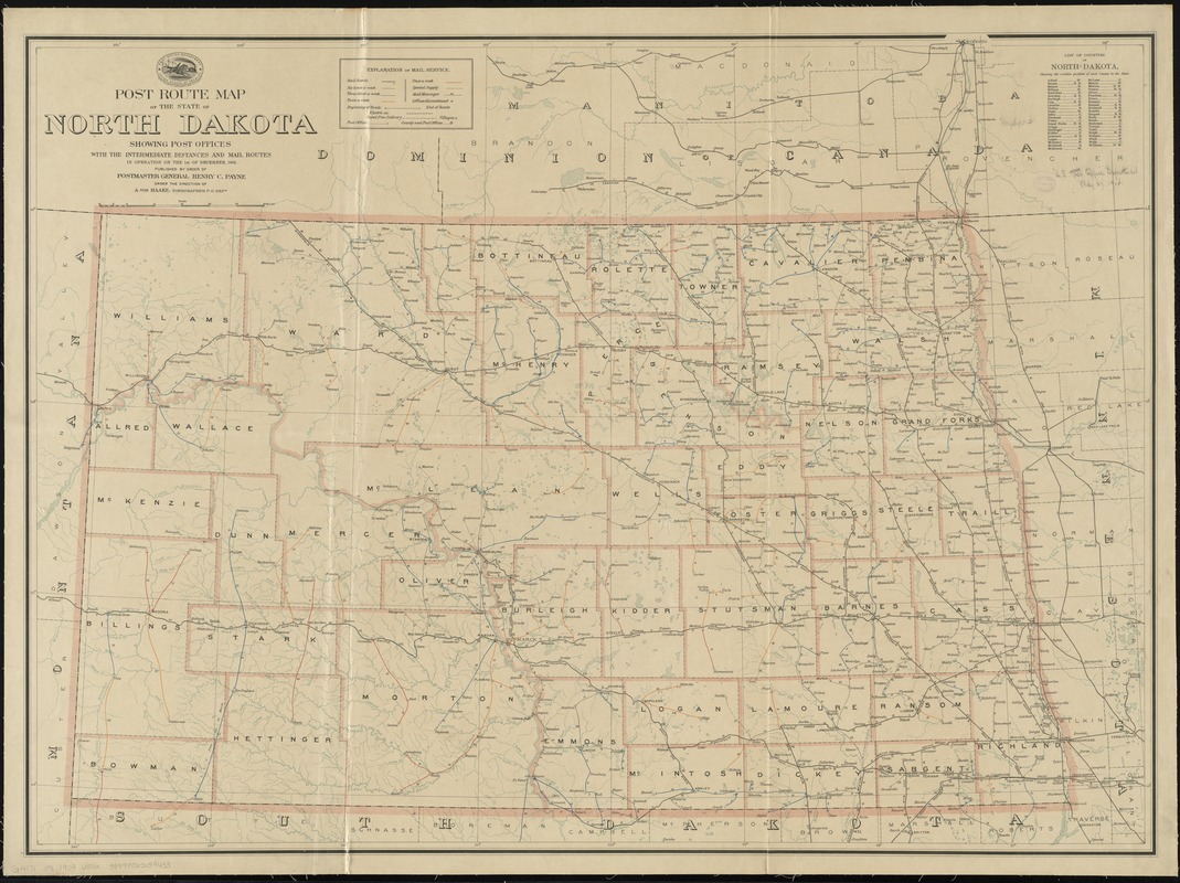 Post route map of the state of North Dakota showing post offices with the intermediate distances and mail routes in operation on the 1st of December, 1903
