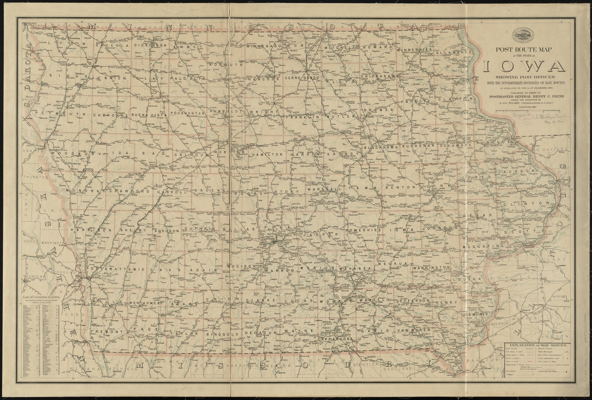 Post route map of the state of Iowa showing post offices with the intermediate distances on mail routes in operation on the 1st of December, 1903