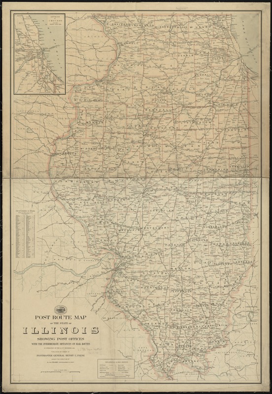 Post route map of the state of Illinois showing post offices with the intermediate distances on mail routes in operation on the 1st of December, 1903