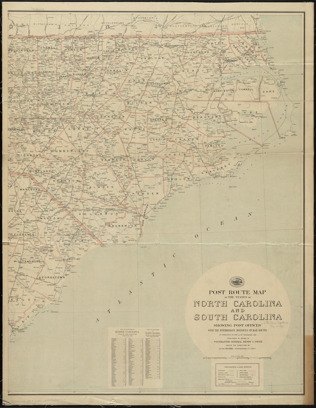 Post route map of the states of North Carolina and South Carolina