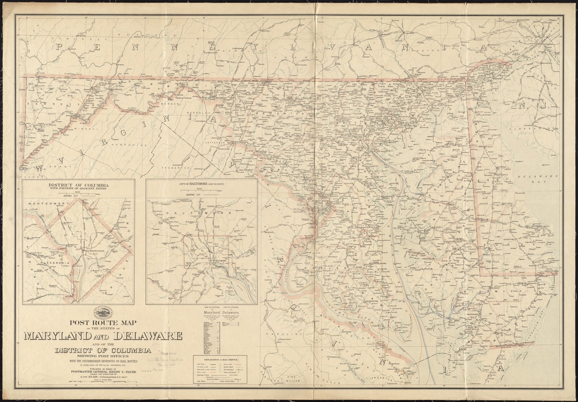 Post route map of the states of Maryland and Delaware and of the District of Columbia showing post offices with the intermediate distances on mail routes in operation on the 1st of December, 1903