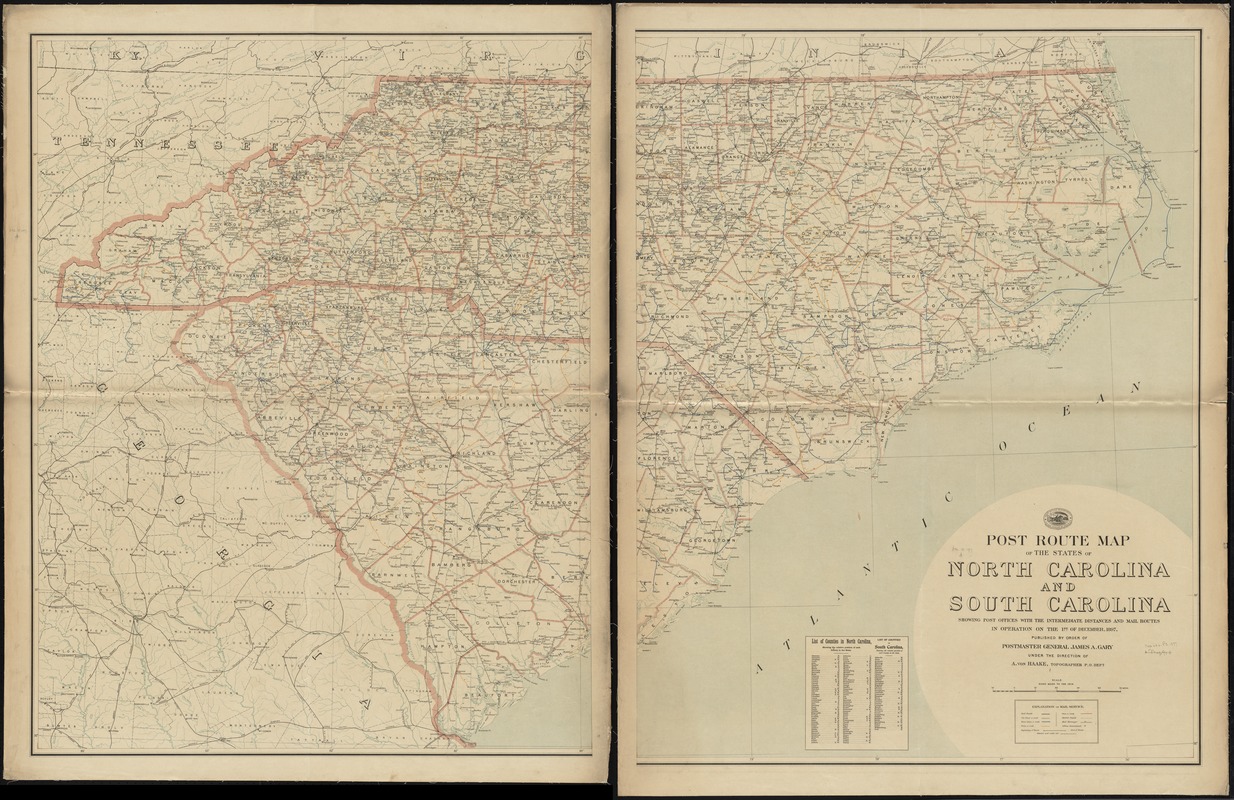 Post route map of the states of North Carolina and South Carolina showing post offices with the intermediate distances and mail routes in operation on the 1st of December, 1897