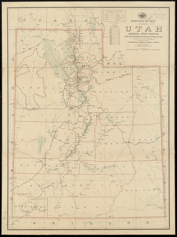 Post route map of the state of Utah showing post offices with the intermediate distances on mail routes in operation on the 1st of December, 1903