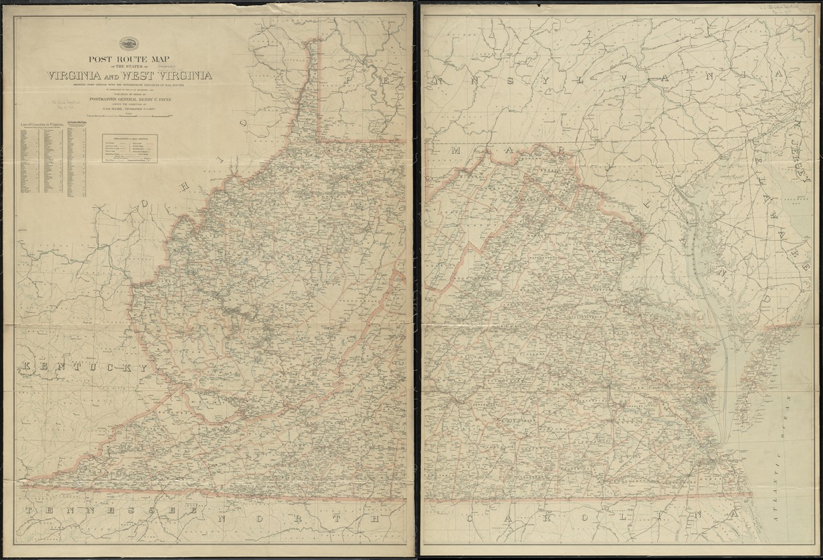 Post route map of the states of Virginia and West Virginia showing post offices with the intermediate distances on mail routes in operation on the 1st of December, 1903