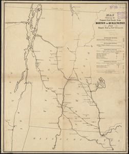 Map showing the proposed rail roads from Boston to Burlington, from Hale's map of New England