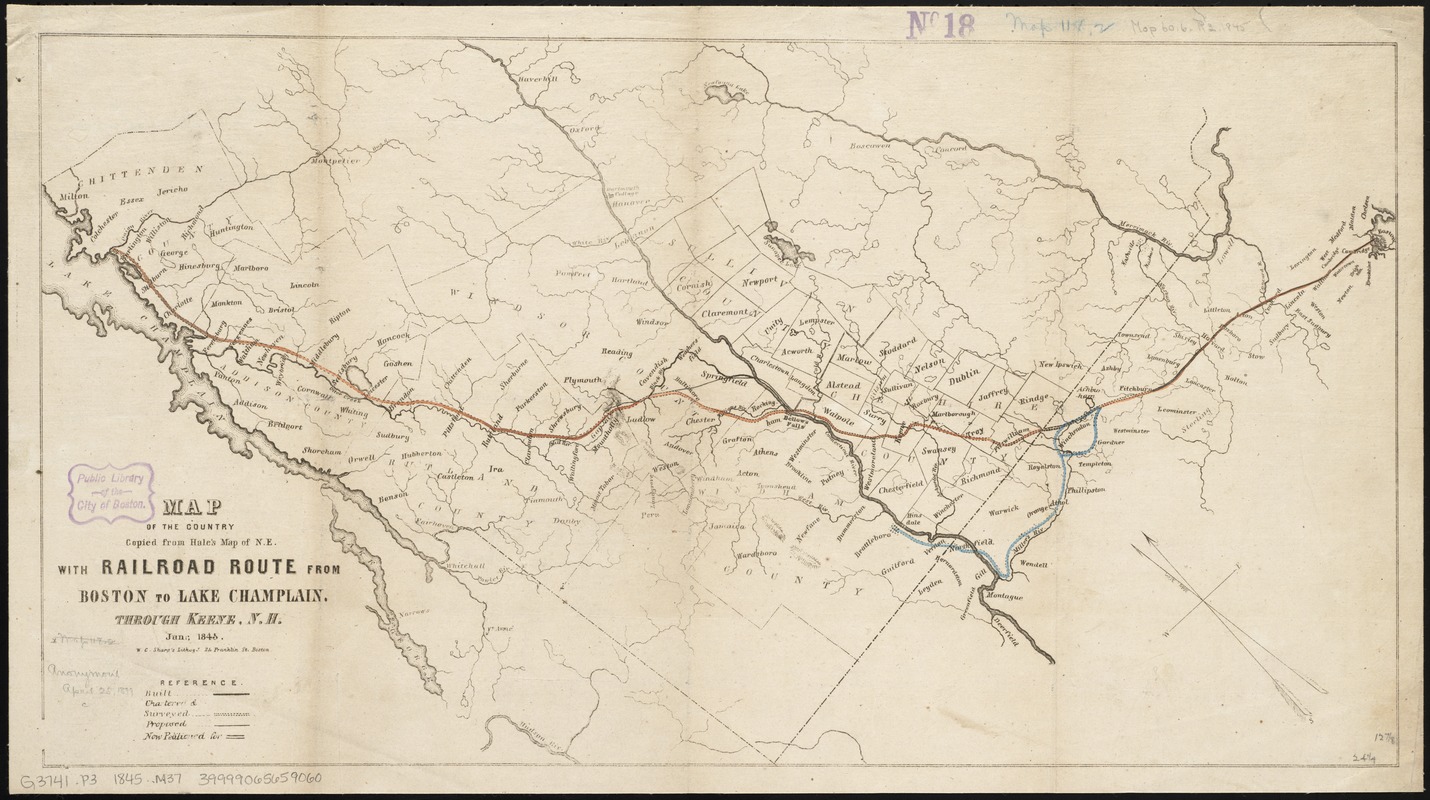 Map of the country copied from Hale's map of N. E. with railroad route from Boston to Lake Champlain