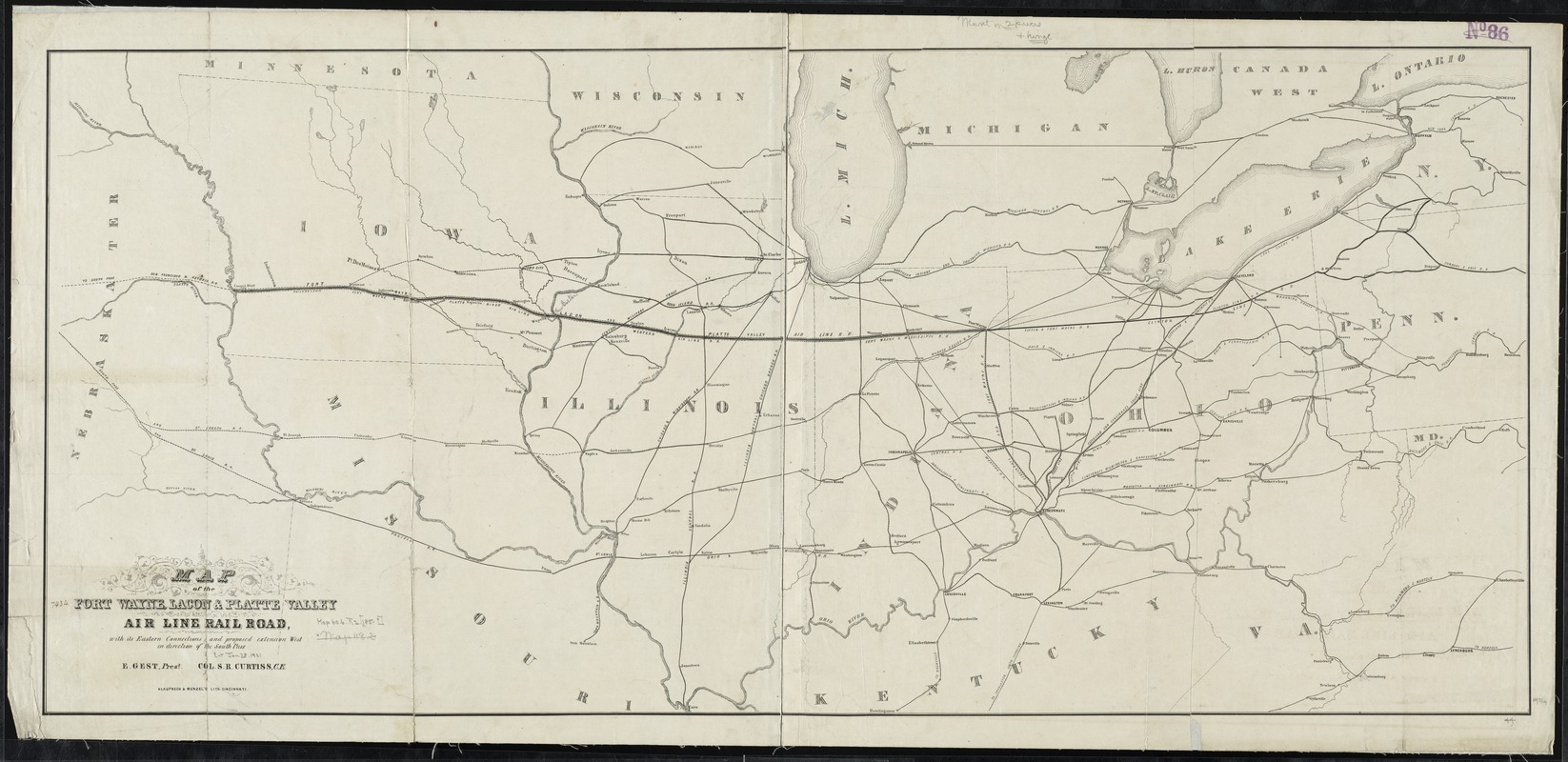 Map of the Fort Wayne, Lacon, & Platte Valley Air Line Railroad, with its eastern connections and proposed extension west in direction of the South Pass