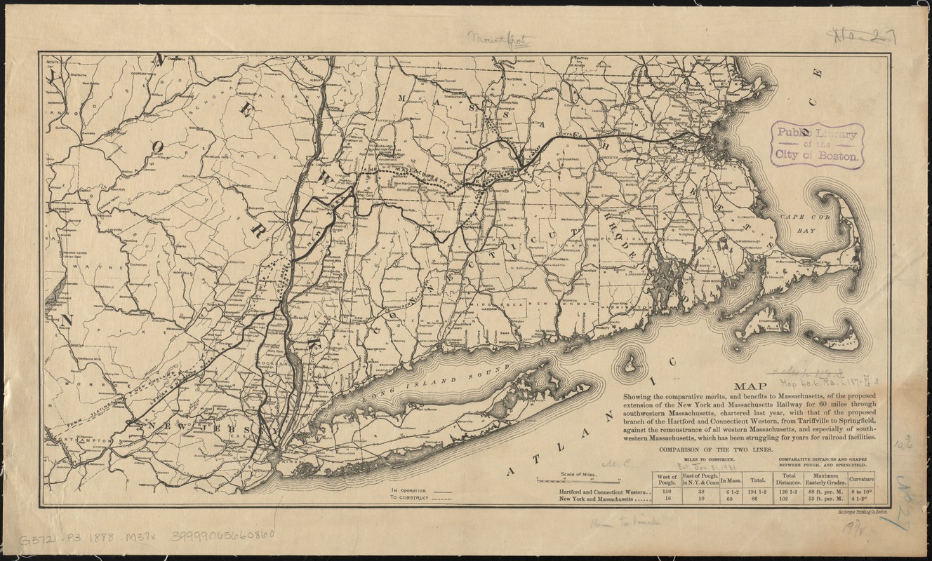 Map showing the comparative merits, and benefits to Massachusetts, of the proposed extension of the New York and Massachusetts Railway for 60 miles through southwestern Massachusetts, chartered last year, with that of the proposed branch of the Hartford and Connecticut Western, from Tariffville to Springfield, against the remonstrance of all western Massachusetts, and especially of southwestern Massachusetts, which has been struggling for years for railroad facilities