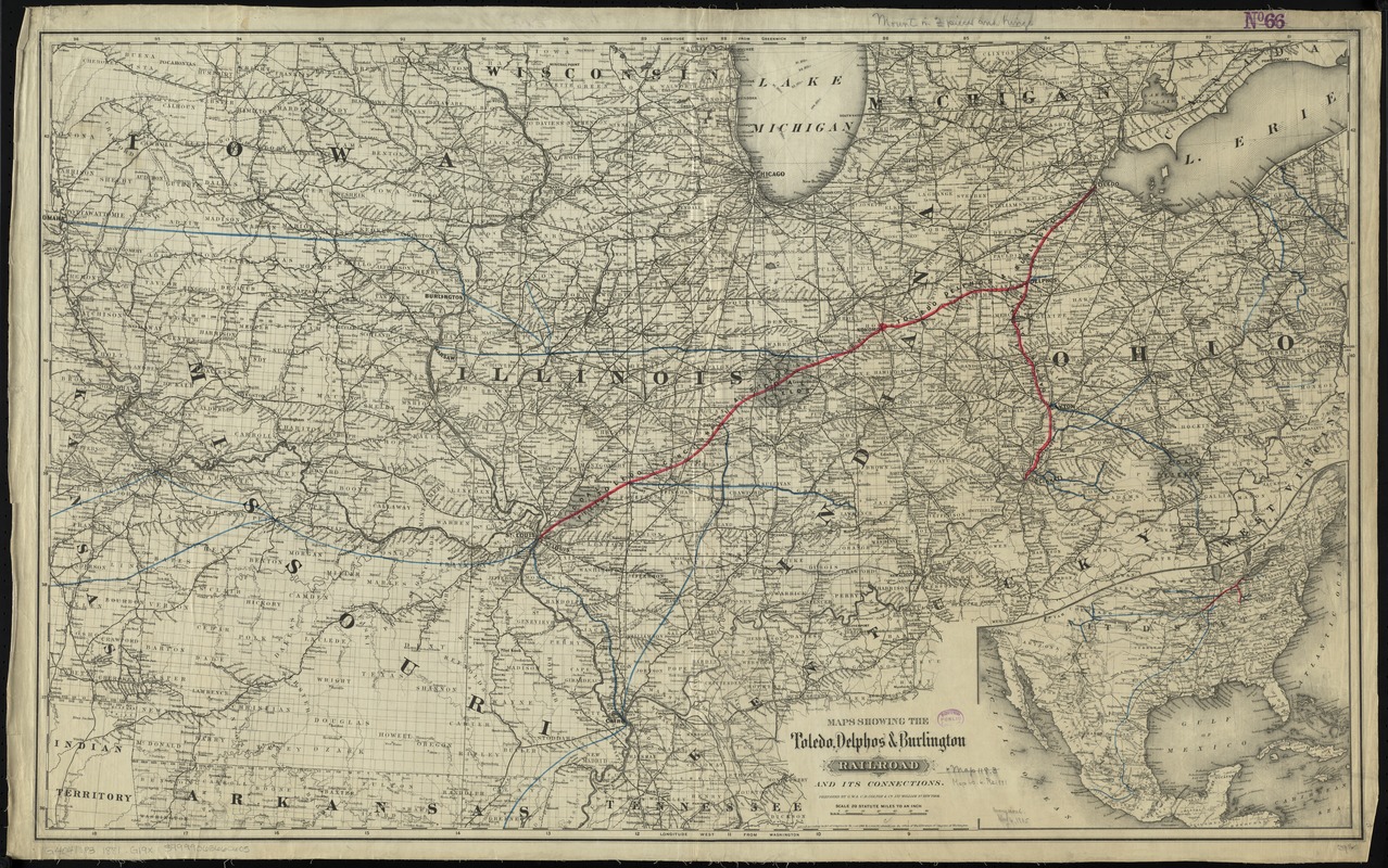 Maps showing the Toledo, Delphos & Burlington Railroad and its connections