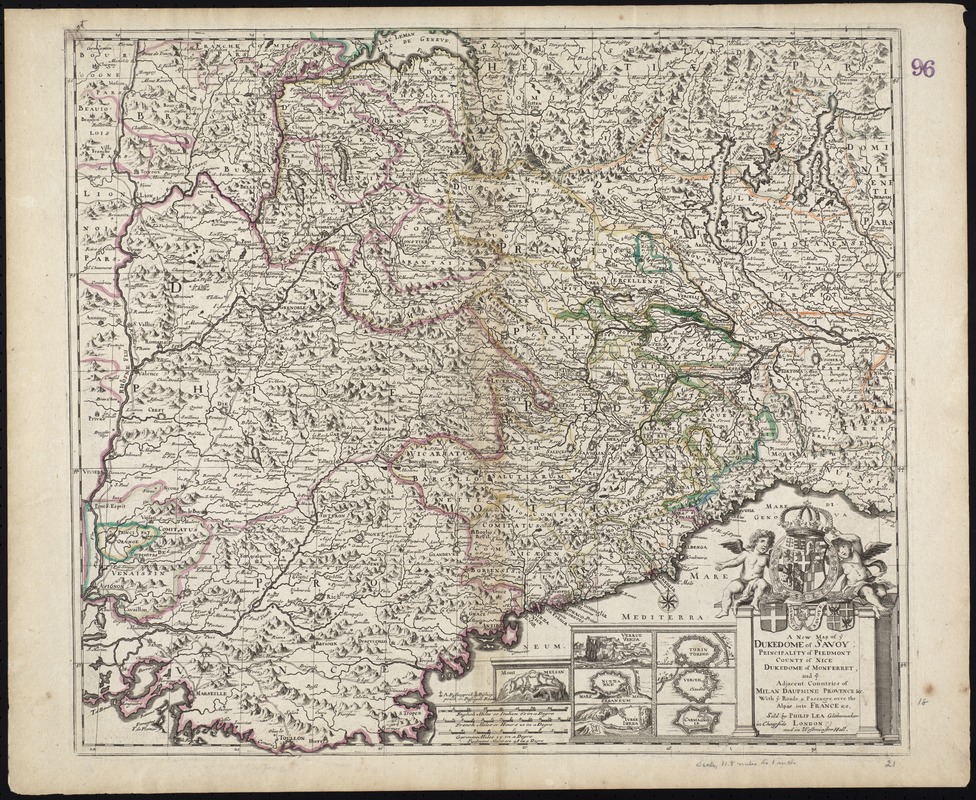 A New Map of ye Dukedome of Savoy, Principality of Piedmont county of Nice Dukedome of Monferret, and ye adjacent countries of Milan, Dauphine Provence &c. with ye roads & passages over the Alpes into France &c