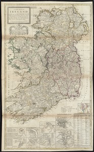 A new map of Ireland divided into its provinces, counties and baronies, wherein are distinguished the bishopricks, borroughs, barracks, bogs, passes, bridges &c. with the principal roads, and the common reputed miles