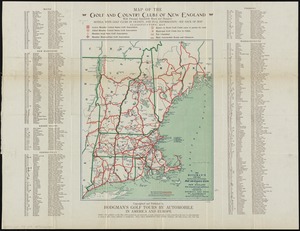 Hodgman's new map showing location and classification golf and country clubs of New England with automobile roads and distances