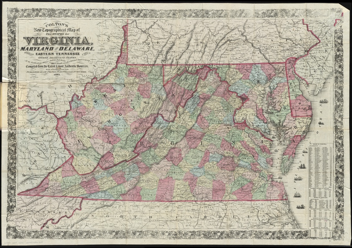 Colton's new topographical map of the states of Virginia, Maryland & Delaware, showing also eastern Tennessee & parts of other adjoining states