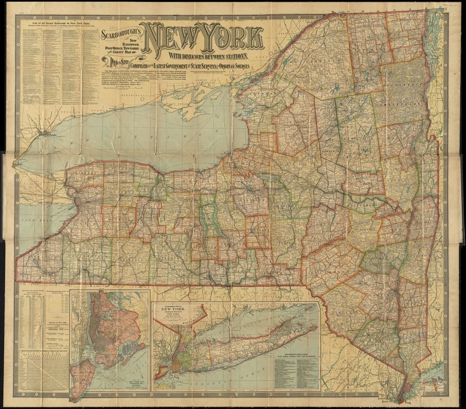 Scarborough's new railroad, post office, township and county map of New York with distances between stations