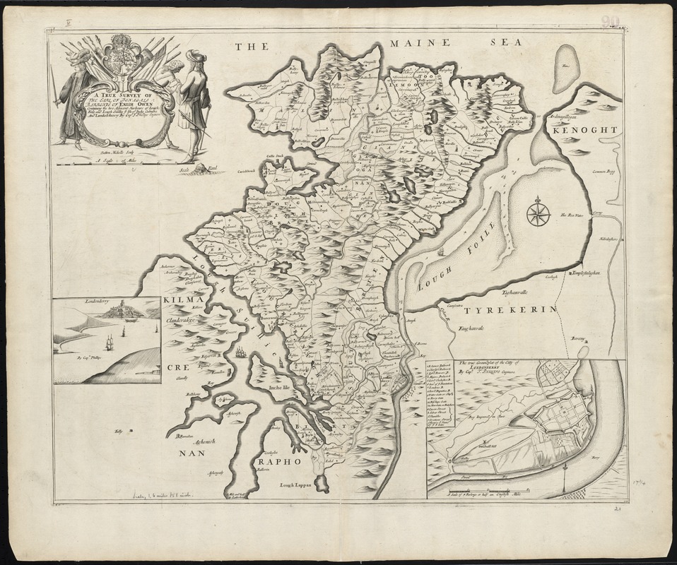 A true survey of The Earl of Donagals barronie of Enish Owen containing the two adjacent harbours of Lough Foile and Lough Suillie ye Isle of Inche Culmore and Londonderry