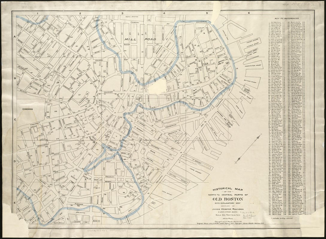 Historical map of the north and central parts of Old Boston with explanatory key