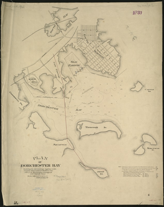 Plan of Dorchester Bay showing its surroundings together with current observations to illustrate the effect of discharging sewage at cow pasture point
